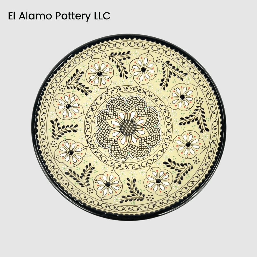 Handcrafted Talavera Salad & Dessert Plate – Black & Beige Floral Scrollwork (9")