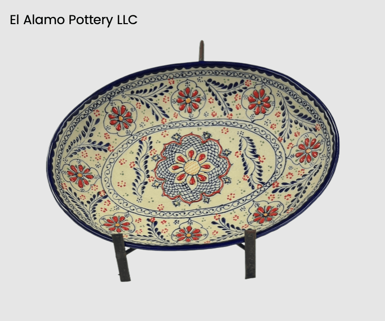 Handcrafted Talavera Oval Serving Platter – Red & Blue Fiesta Pattern (14.25" x 10.25" x 2.5")