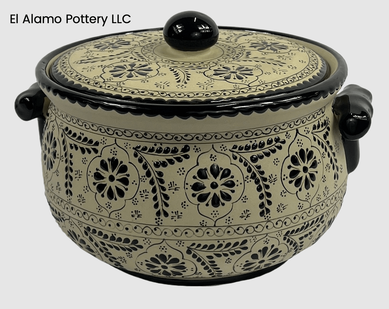Handcrafted Talavera Tureen – Classic Black & Cream Floral Elegance