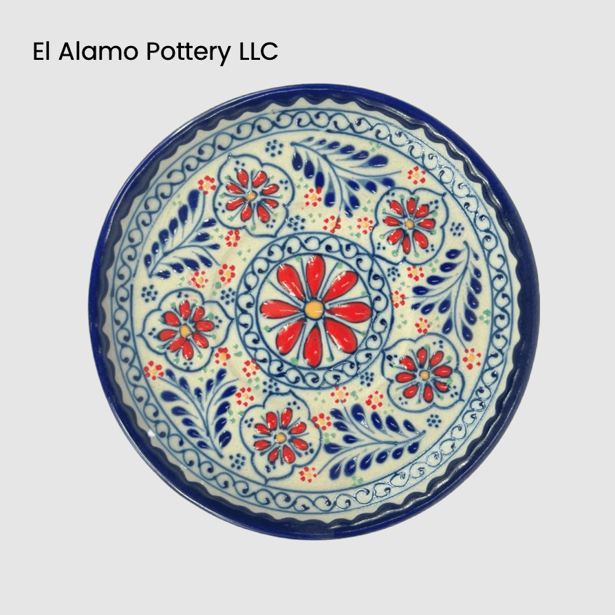 Handcrafted Talavera Bread & Butter Plate – Blue Rim with Red Floral Accents (6")
