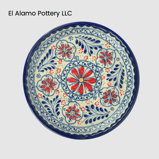 Handcrafted Talavera Bread & Butter Plate – Blue Rim with Red Floral Accents (6")