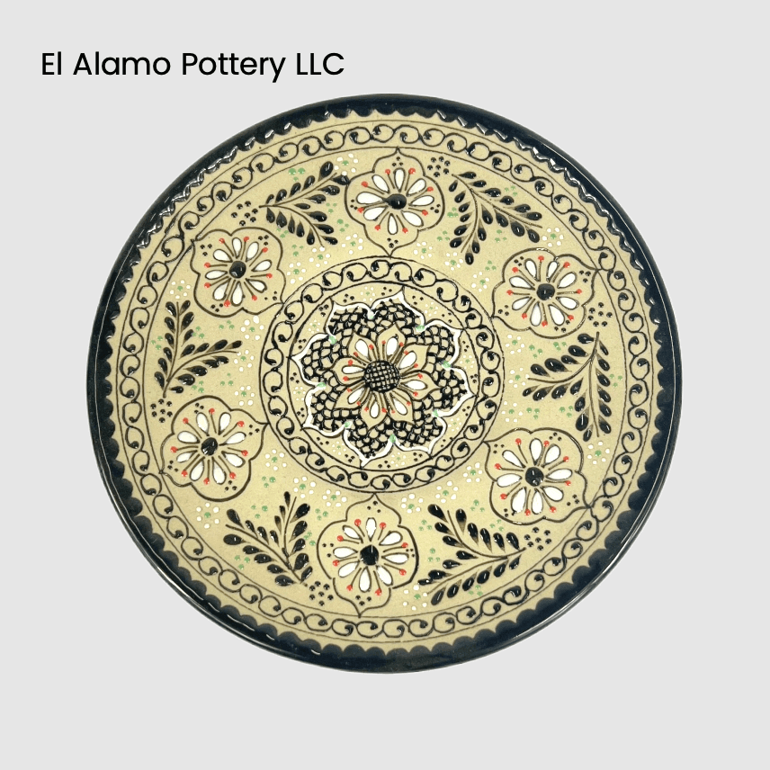 Handcrafted Talavera Bread & Butter Plate – Classic Black Floral Scroll (6")