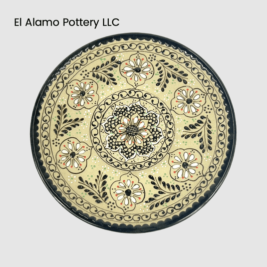 Handcrafted Talavera Bread & Butter Plate – Classic Black Floral Scroll (6")