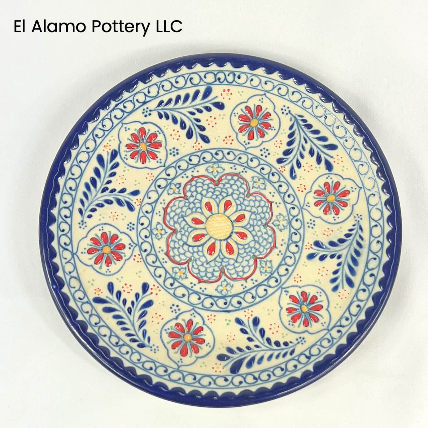 Handcrafted Talavera Appetizer Plate – Cobalt Blue Bloom with Red Petals (8")