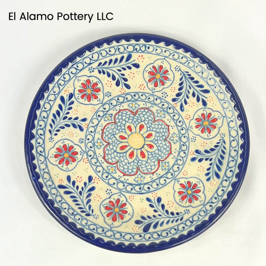 Handcrafted Talavera Appetizer Plate – Cobalt Blue Bloom with Red Petals (8")