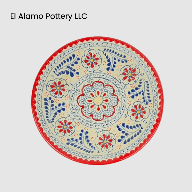 Handcrafted Talavera Appetizer Plate – Red Rim with Bold Bloom Center (8")