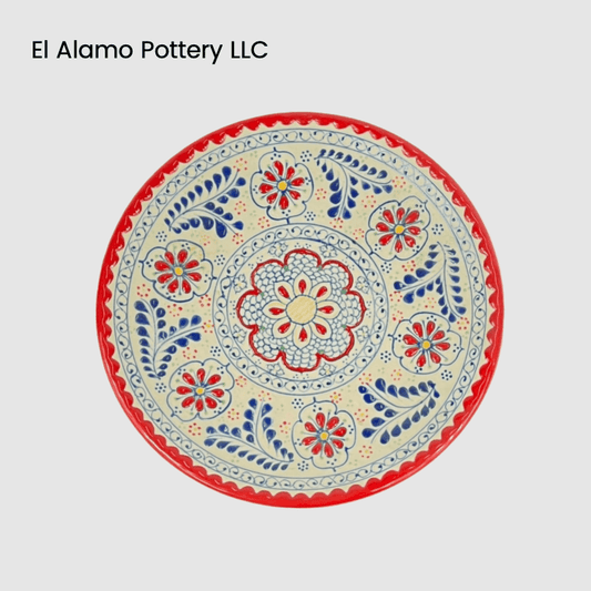 Handcrafted Talavera Appetizer Plate – Red Rim with Bold Bloom Center (8")