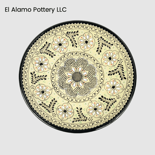 Handcrafted Talavera Salad & Dessert Plate – Black & Beige Floral Scrollwork (9")