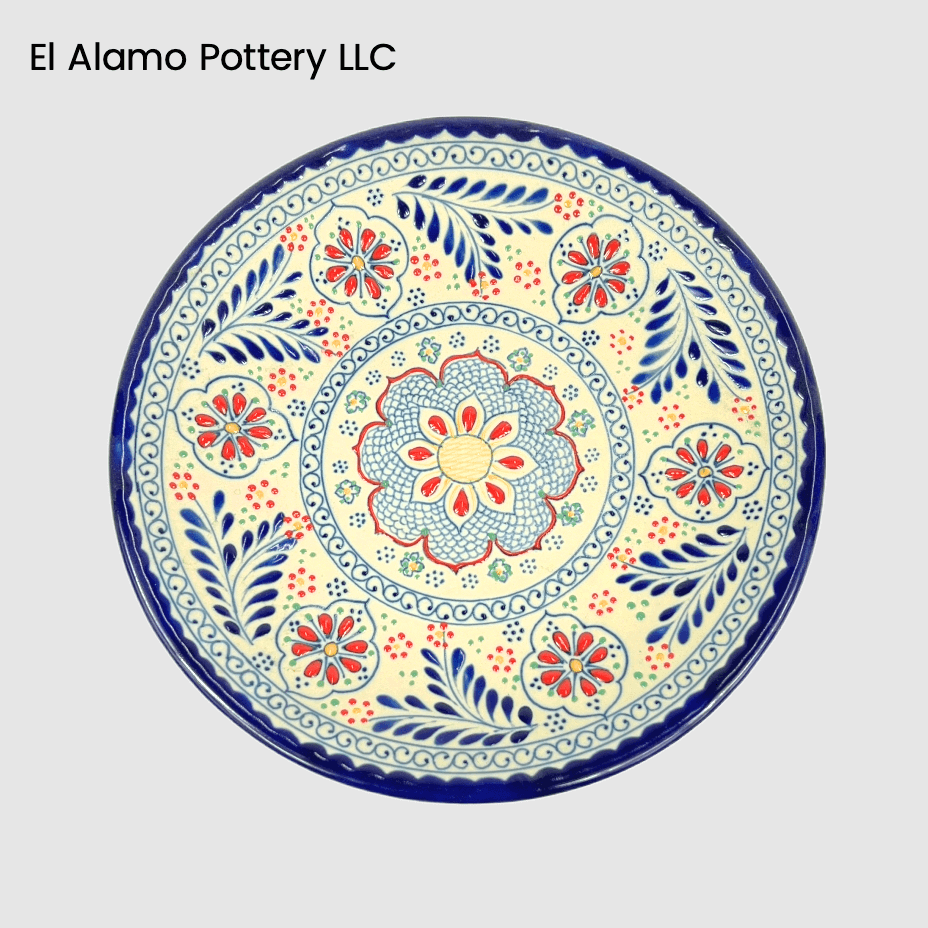 Handcrafted Talavera Salad & Dessert Plate – Blue & Red Fiesta Floral (9")