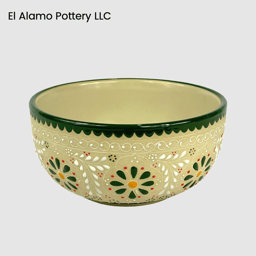 Handcrafted Talavera Soup Bowl – Green Rim with Warm Floral Detail