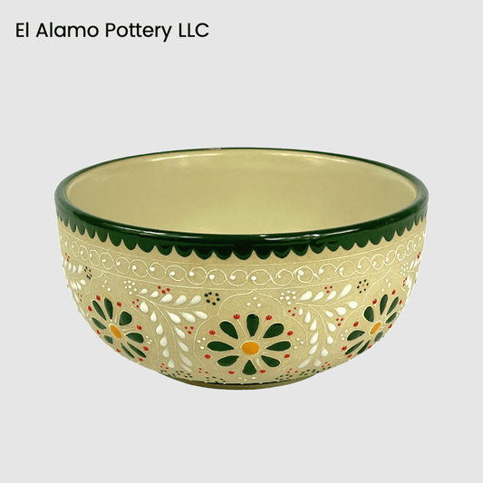 Handcrafted Talavera Soup Bowl – Green Rim with Warm Floral Detail