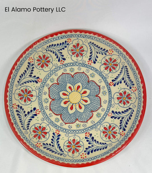 Handcrafted Talavera Dinner Plate – Red Rim with Vibrant Garden Design (11")
