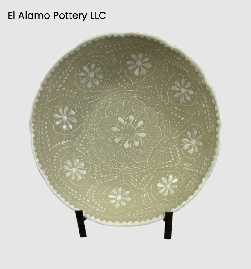 Handcrafted Talavera Serving Bowl – White Lacework on Taupe Base (12")