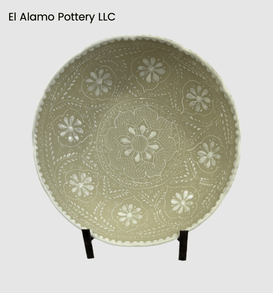 Handcrafted Talavera Serving Bowl – White Lacework on Taupe Base (12")