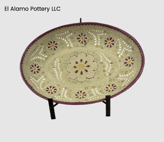 Handcrafted Talavera Oval Serving Platter – Plum Rim with Violet Blooms (14.25" x 10.25" x 2.5")