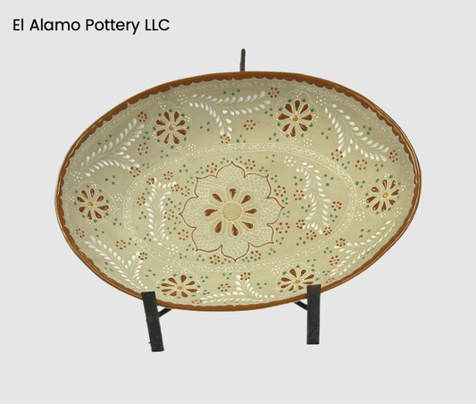 Handcrafted Talavera Oval Serving Platter – Burnt Orange with White Floral Scroll (14.25" x 10.25" x 2.5")