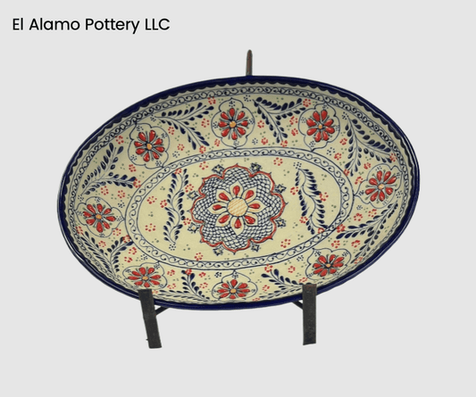 Handcrafted Talavera Oval Serving Platter – Red & Blue Fiesta Pattern (14.25" x 10.25" x 2.5")