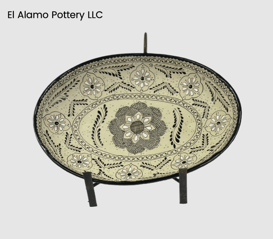 Handcrafted Talavera Oval Serving Platter – Black & Beige Heritage Design (14.25" x 10.25" x 2.5")