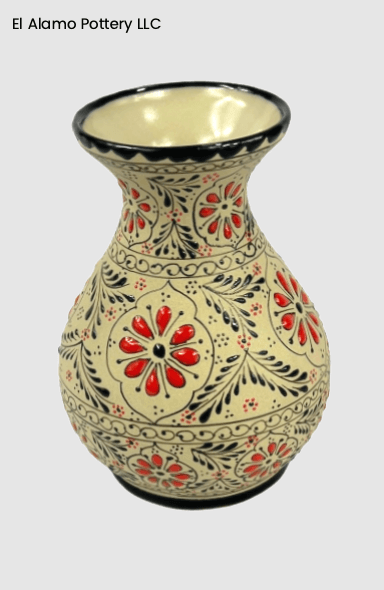 Handcrafted Talavera Flower Vase – Red & Black Fiesta Floral (5" x 7")