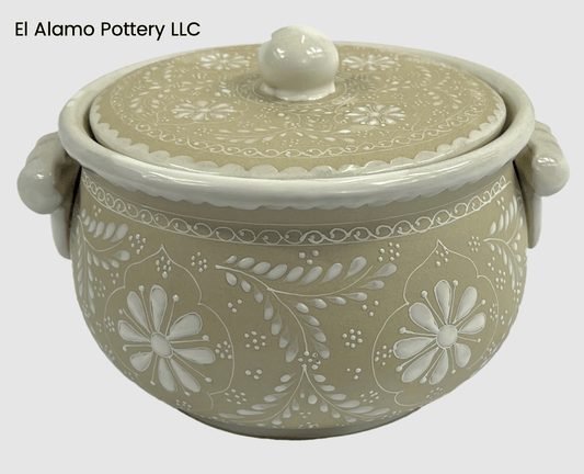 Handcrafted Talavera Tureen – Soft Beige with White Floral Relief